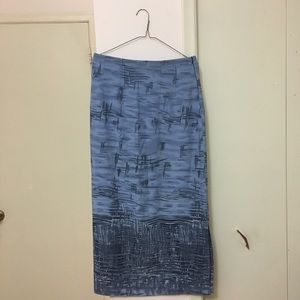 Abstract Blue Grid Print Zip Up Maxi Skirt